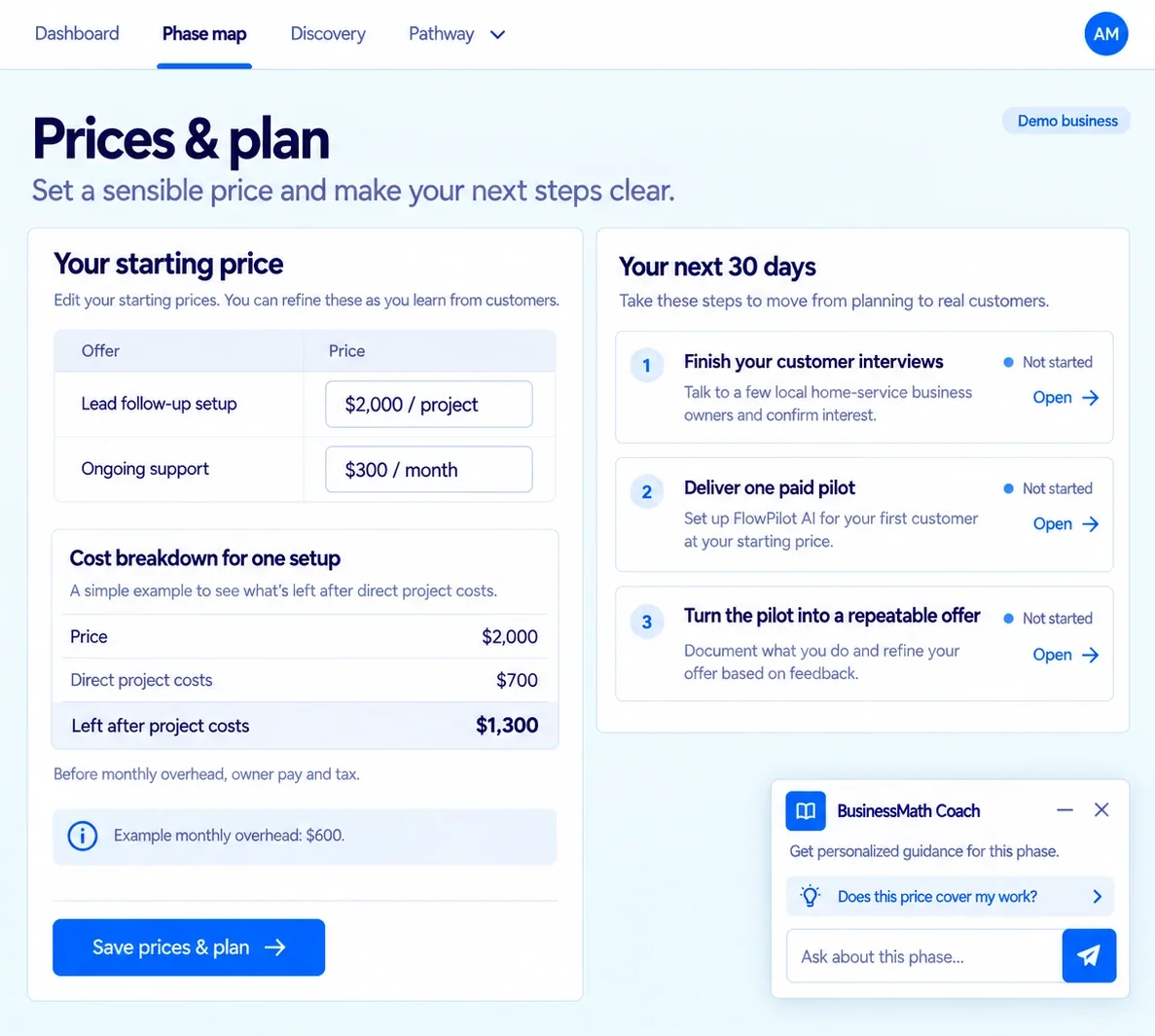 Prices and plan screen. Lead follow-up setup at $2,000 per project and ongoing support at $300 a month. Direct project costs of $700 leave $1,300 before overhead, owner pay and tax.